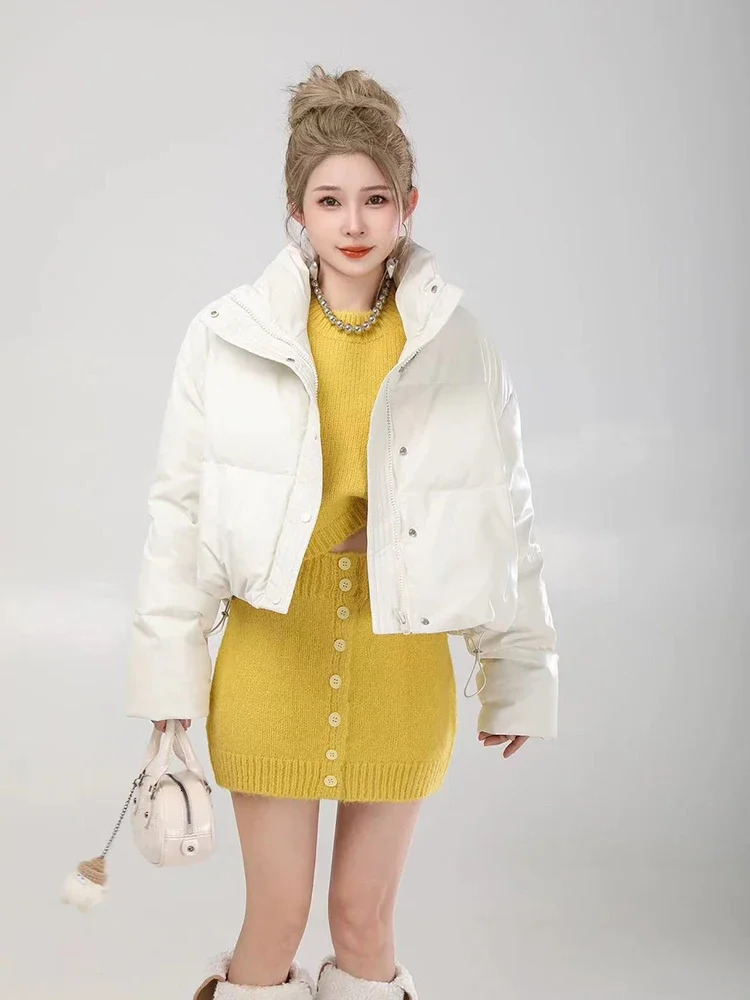 Winter Warm Short Parka Y2K Fashion Pu Leather Crop Puffer Jacket Female Loose Streetwear Zipper Long Sleeve Down Coats 241120
