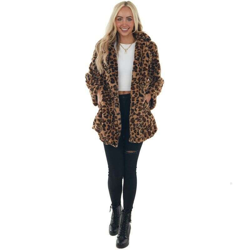European American autumn and winter leopard print women's fashion imitation with pockets loose fur coat 2024 new style temperament chic elegant c
