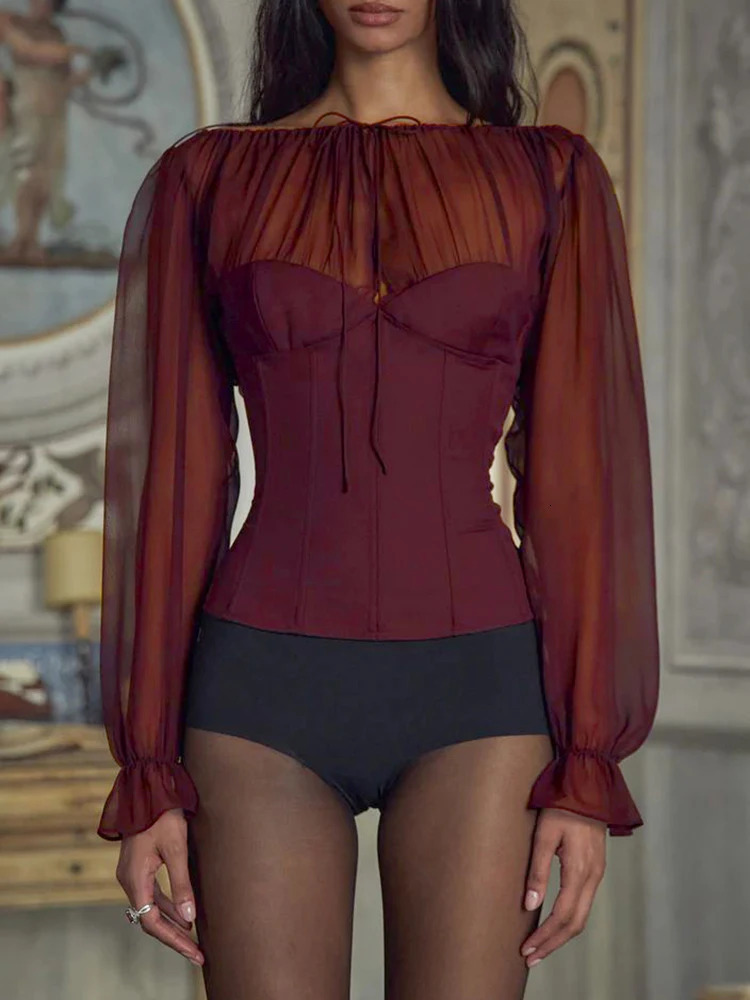 JULISSA MO patch work round neck chiffon womens T-shirt Burgundy long sleeved lace top womens autumn slim fit casual streetwear 241202