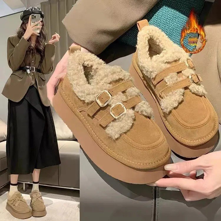 2024 New Fashionable Lazy Thick soled Cotton Shoes for Women's Winter Outerwear, One Step Stepping Snow Cotton Shoes, Retro Plush Boken Shoes