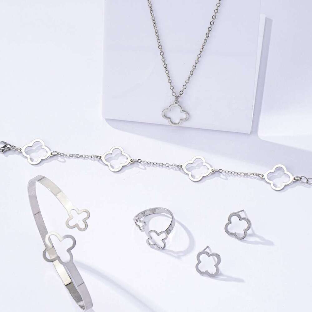 Fashion Lucky Clover Necklace Earrings - Chain Bracelet and Ring Set