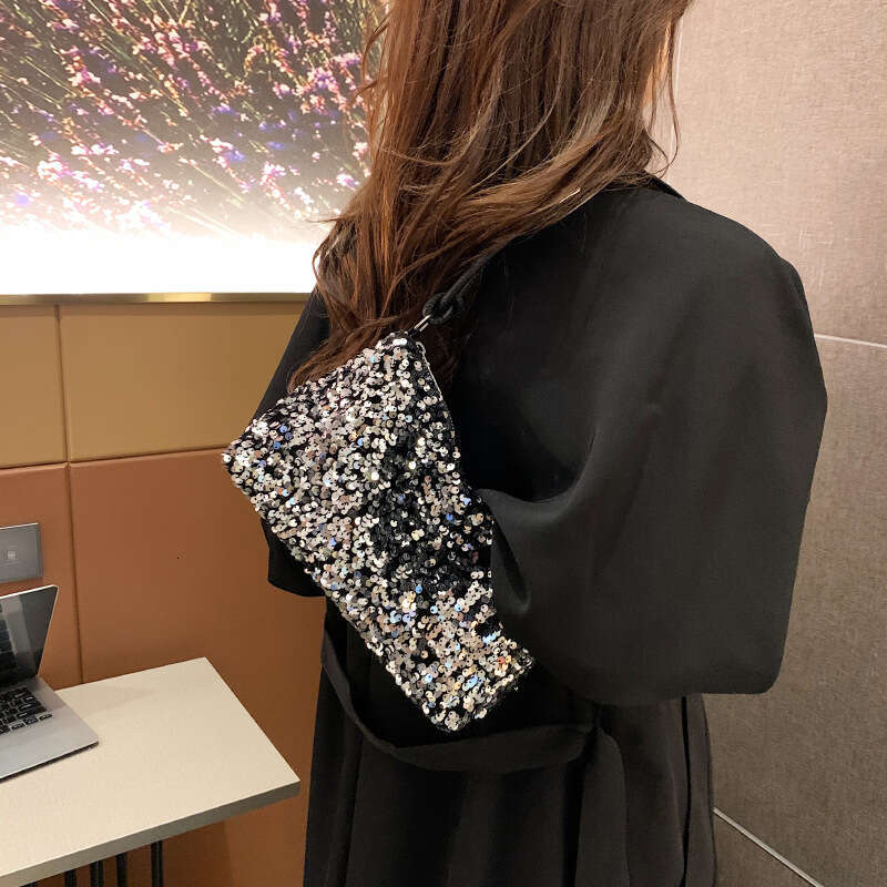 Summer New Style Texture Casual Western-Style Sequin Shoulder Personalized Ins Simple Crossbody Large Capacity Baguette Bag B1