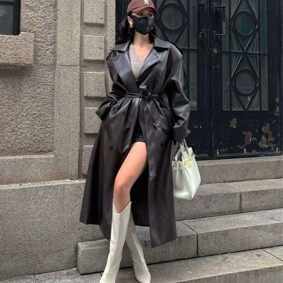 Black brown retro mid knee length PU jacket high-end feel women's spring autumn season, new loose leather windbreaker for 2024, with a unique and