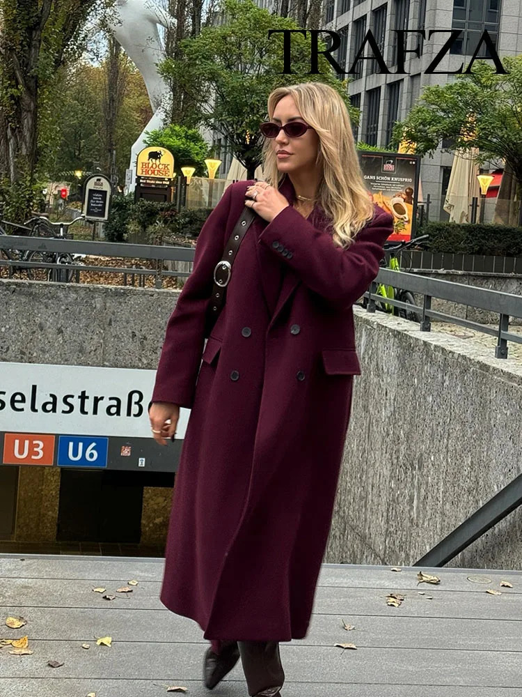 TRAFZA Woman Burgundy Winter Coat Womens Jacket 2024 Autumn Long Sleeve Woolen Chic Fashion Outerwears 241121