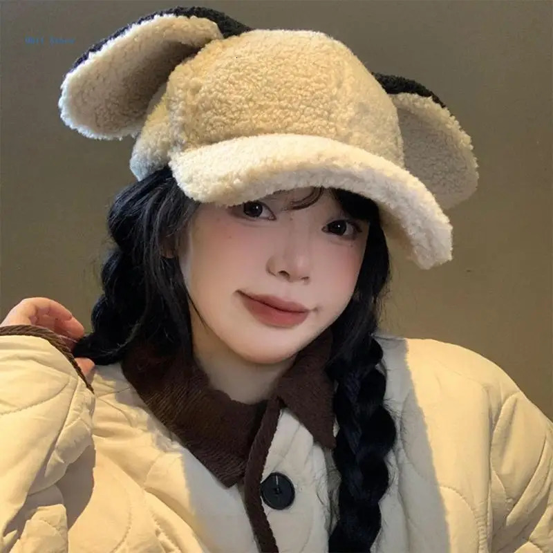 Korean baseball cap with rabbit ears thick cap winter windproof bucket cap 241202