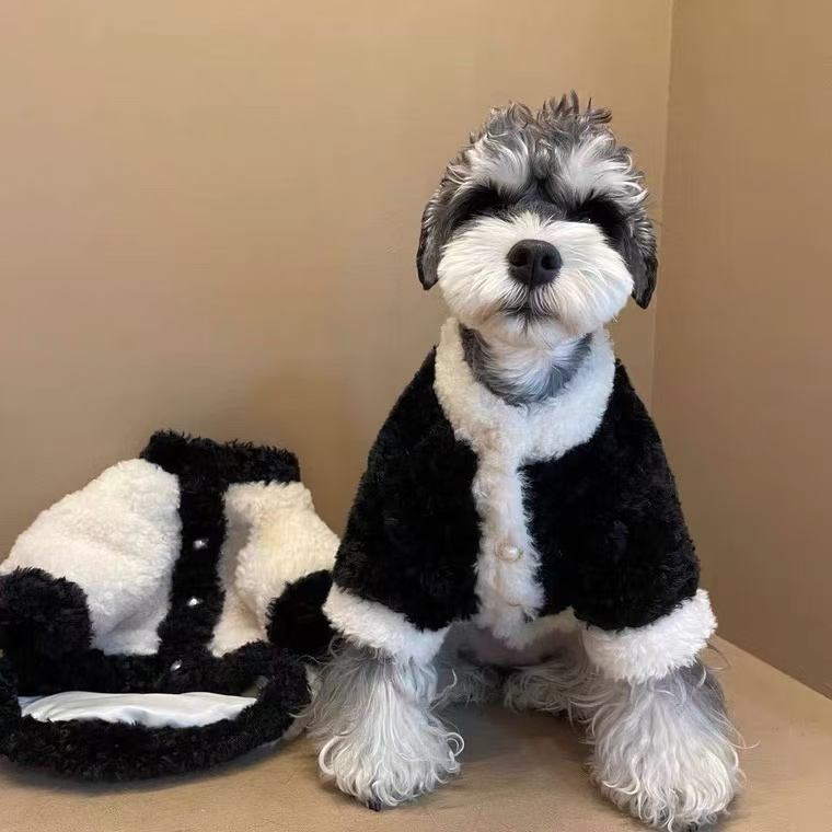 Designer Dog Plush Winter Coat - Luxurious Black & White Pet Outfit for Cold Weather