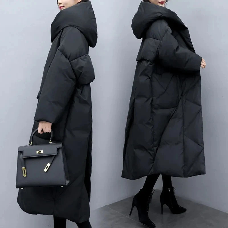 Winter Puffer Jacket Korean Loose Thick Warm Black Hooded Coat Women Down Cotton Parkas Women Long Overcoat Parka Outerwear 241202