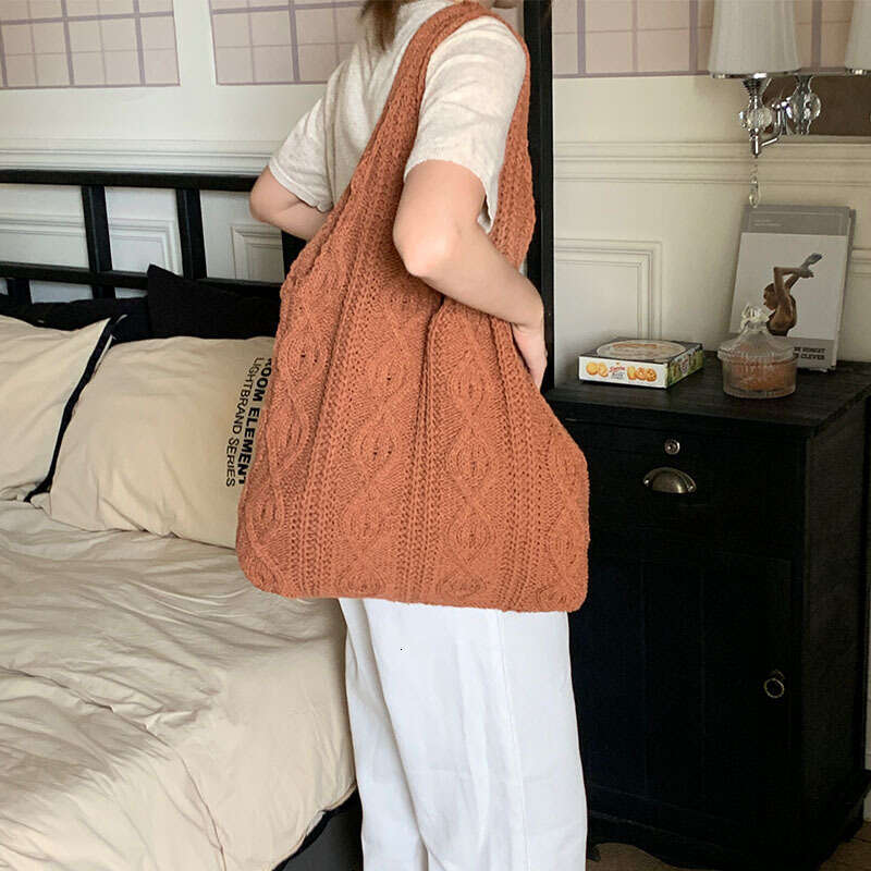 Vintage Handmade Woolen Knitted Tote Versatile Shoulder Bag Women's Handbag Shopping Bags B1