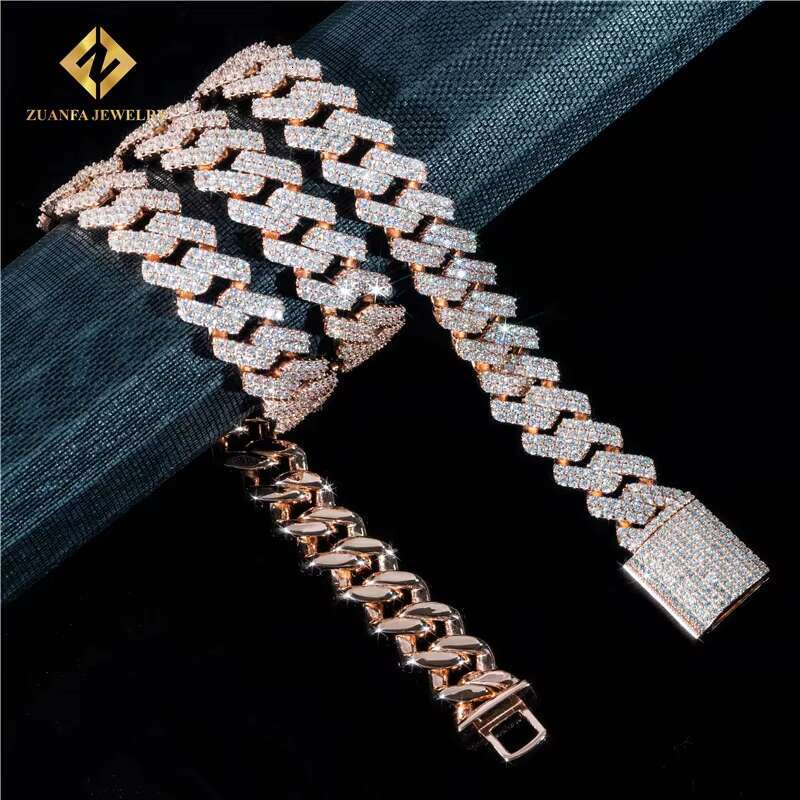Iced Out Jewelry White Yellow Rose Gold Color 15Mm Two Row Vvs Moissanite Cuban K Chain Chocker