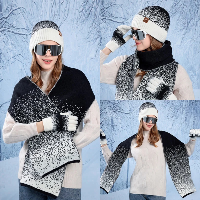 Winter hat gloves womens scarf set outdoor cold and warm bear with velvet earmuffs knitted wool hat 241202