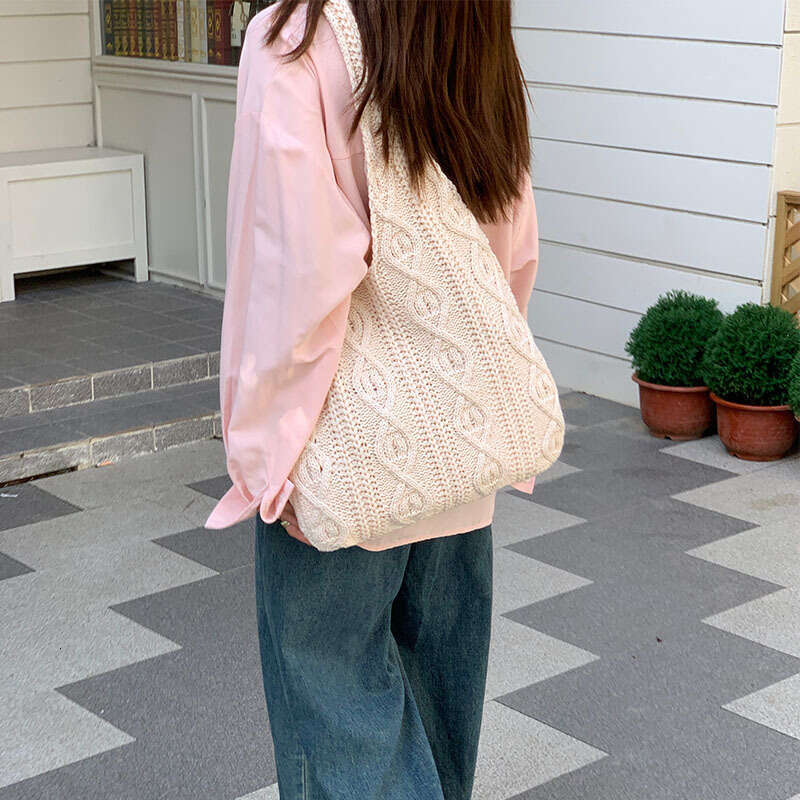 Vintage Handmade Woolen Knitted Tote Versatile Shoulder Bag Women's Handbag Shopping Bags B1