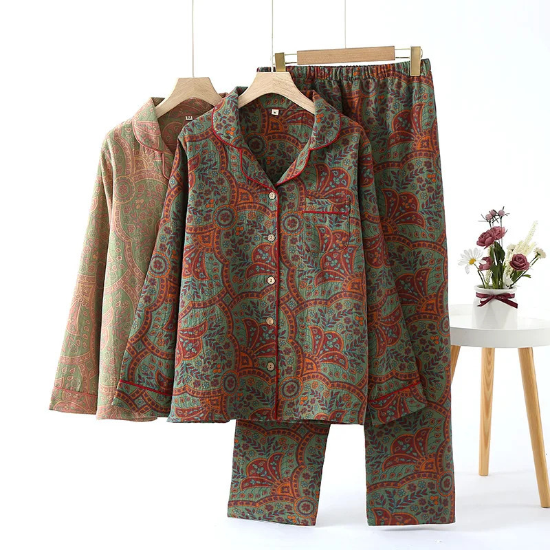Ethnic style printed 2-piece casual evening gown spring and summer long sleeved womens cotton pamas 241130