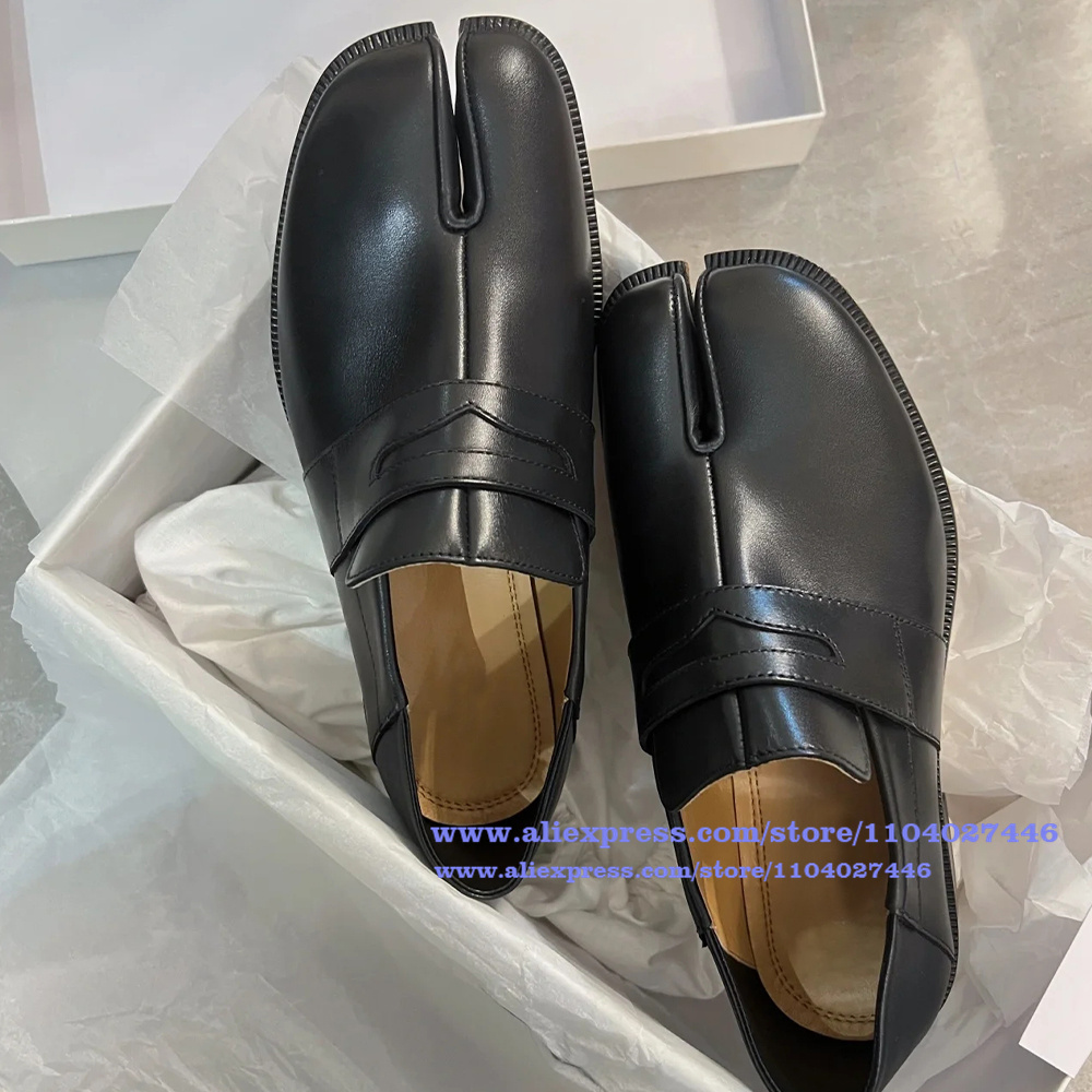 Tabi Split Toe Slip-On Loafers Men's Single Black Leather Soft Soles Brand Flats Casual Men Shoes