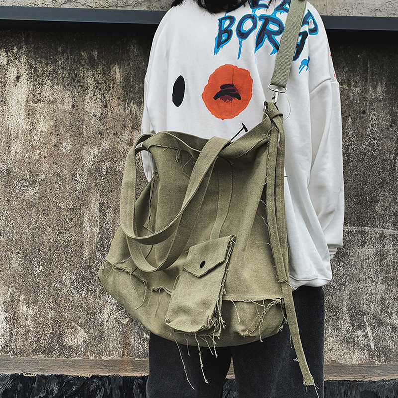 Canvas bag ins trendy brand damage wind high street functional workwear shoulder bag large capacity crossbody bag unisex 241202