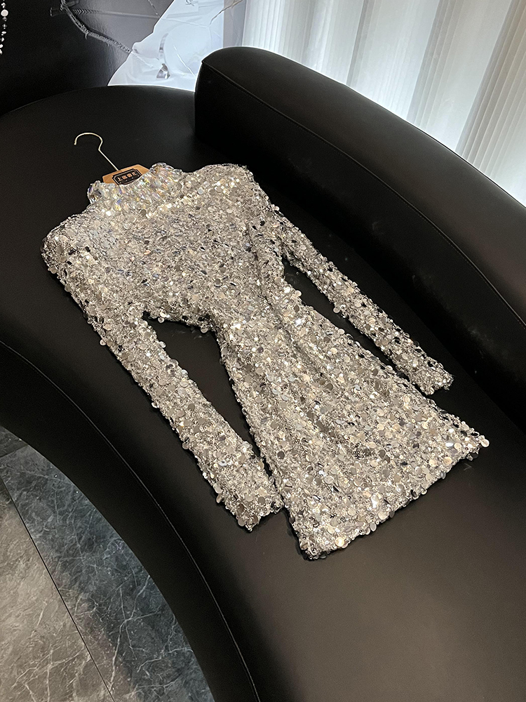 2025 Spring Glitter Sliver Sequins Panelled Dress Long Sleeve Stand Collar Short Casual Dresses C4N270600 Check Size Chart Please