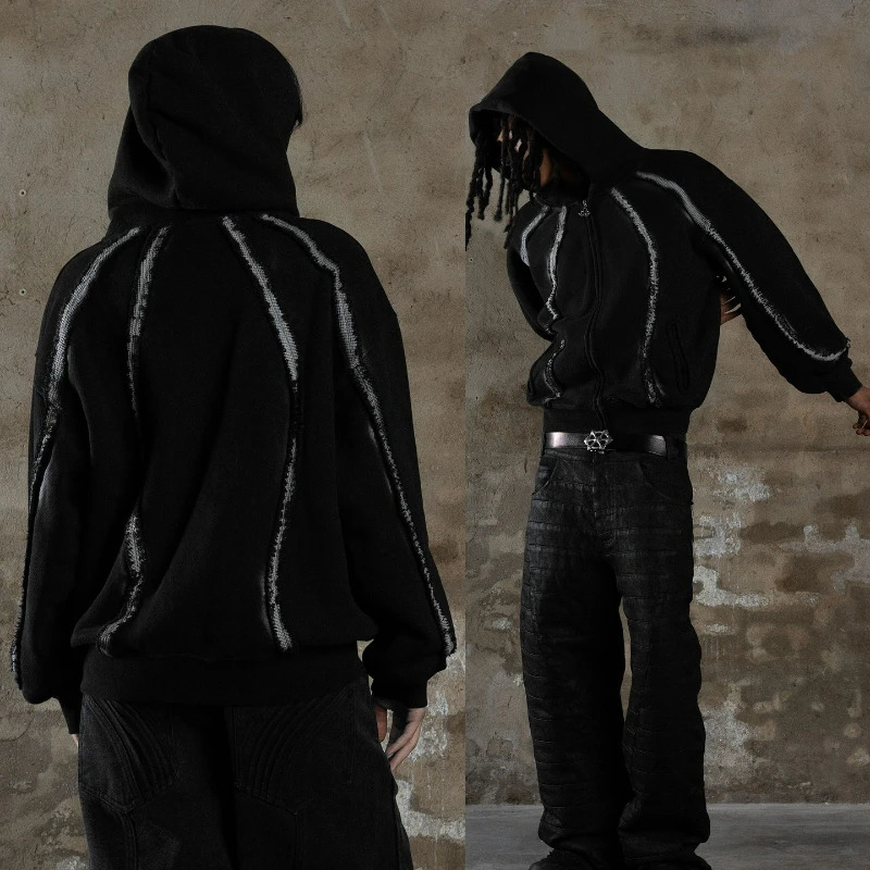 Y2K Garden Zipper Hoodie Creative Stripe Structure Splicing Street Clothing Retro Gothic Neutral Style Large Casual High Street Zipper 241202