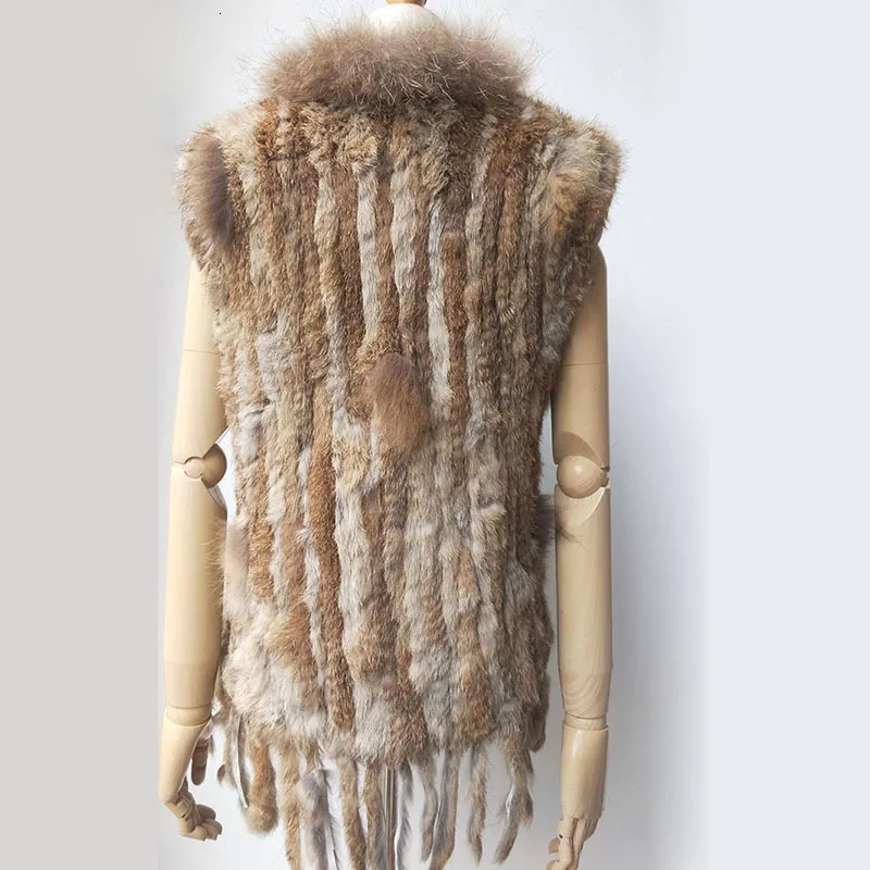 Natural Real Rabbit Fur Knitted Vest With Tassel Genuine Warm Sleeveles Gilet Raccoon Trimming 241121