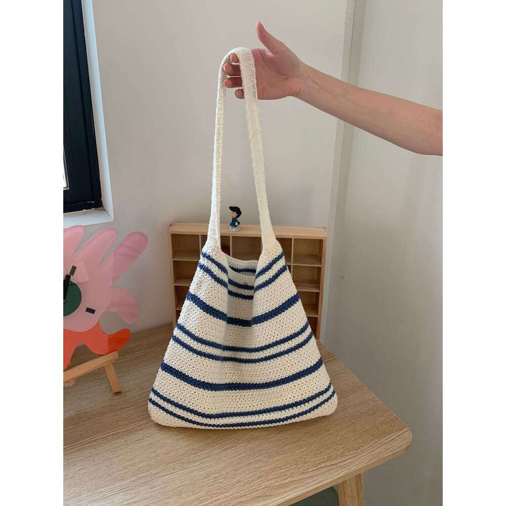 Japanese And Korean Simple Cross-Border Knitted Striped Woven Bag Women's High-End Niche Versatile Yarn Shoulder Bags B2