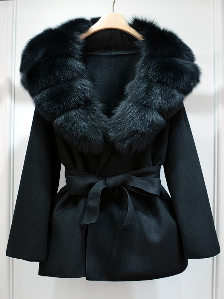 Janveny Wool Coat Women 2024 Winter Autumn Cashmere Coats Real Fur Collar Ladies Elegant Belt n Outwear 241121