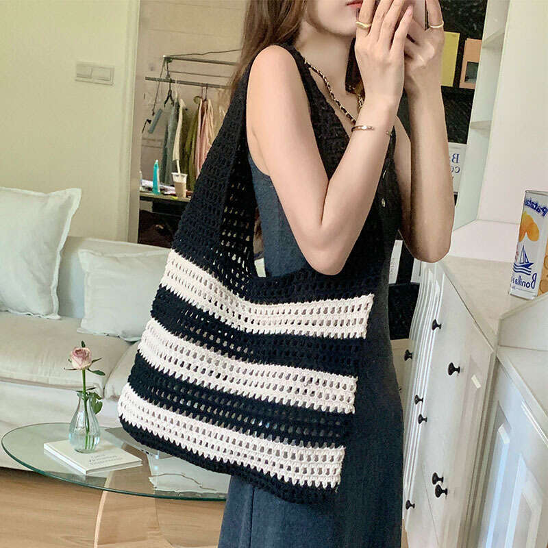 Ladies' Woven With Niche Design, Striped Knitted Bag, Simple Hollow Out Hand-Held Shoulder Bag B1