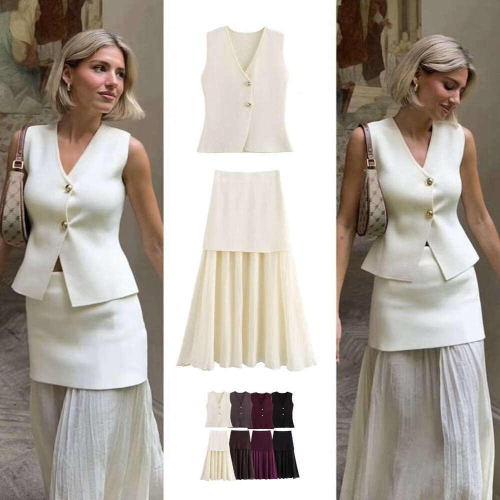 European and American women's summer product V-neck gold button knitted vest+pleated half skirt set 2024 temperament versatile new trendy clothin