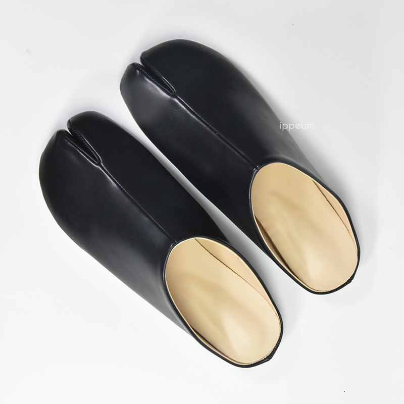 IPPEUM Tabis Mules Split Toe Plus Size 44 Black Leather Slippers Women Designer Flat Shoes