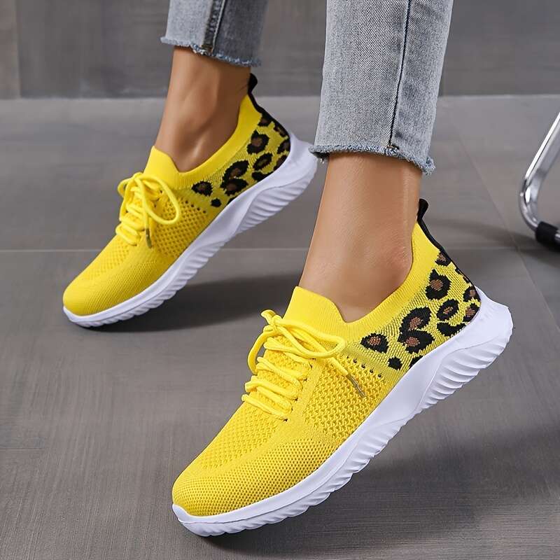 Women's casual sports fly woven leopard print breathable lace up running shoes, women's shoe size