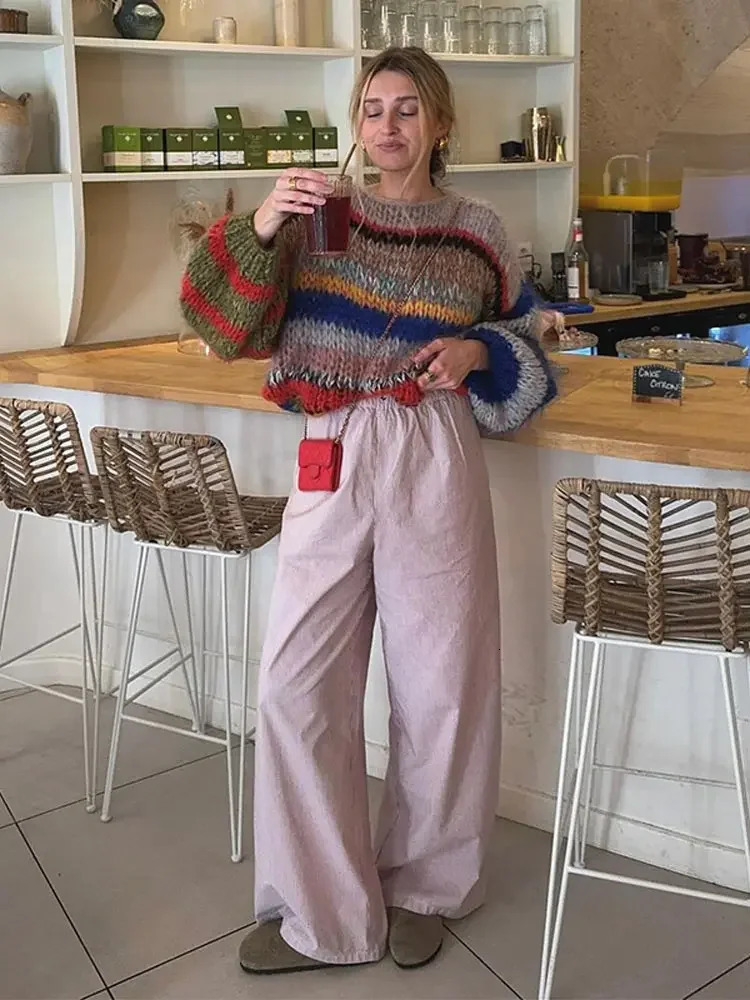 Fashion Contrasting Oversize Sweater O Neck Knitted Sweater Coat Casual Loose Female Coat Autumn Winter Lady Outerwear 241202