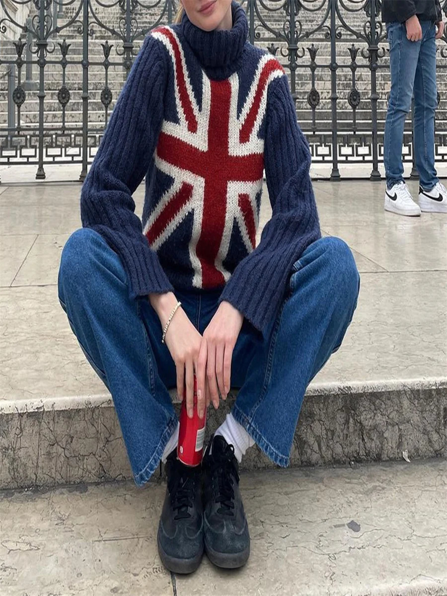 Womens British Flag Print Sweaters Knitted Long Sleeve Mock Neck Loose Fit Pullover Tops Fall Winter Warm Fashion Knitwear Y2K 241202