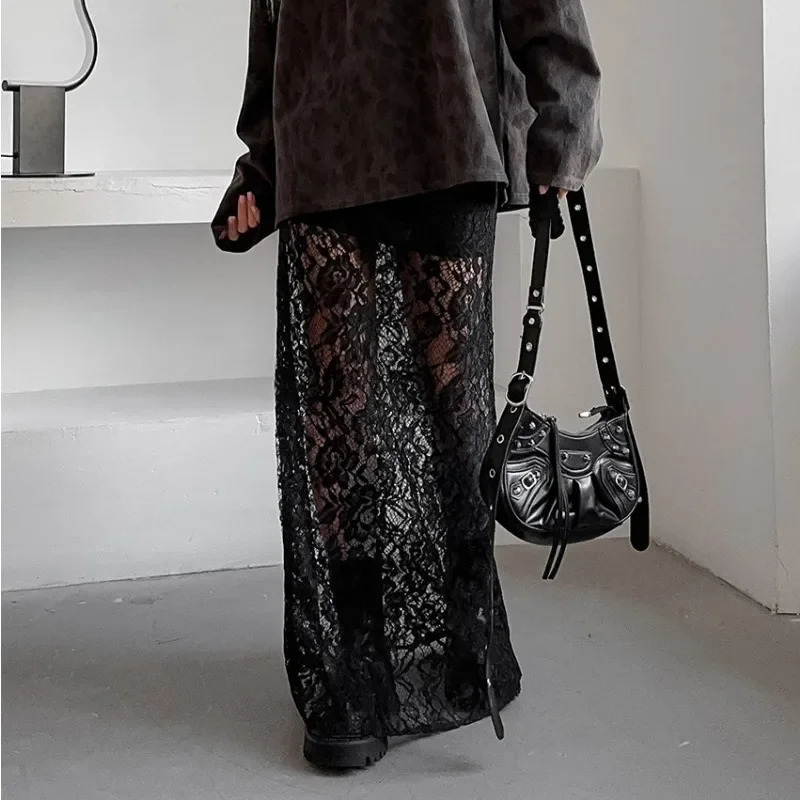 Talenza Black Lace Perspective Skirt Womens Sexy Seam Patchwork Skirt Fashionable Casual Loose High Waist Miao Street Long Dress 241202