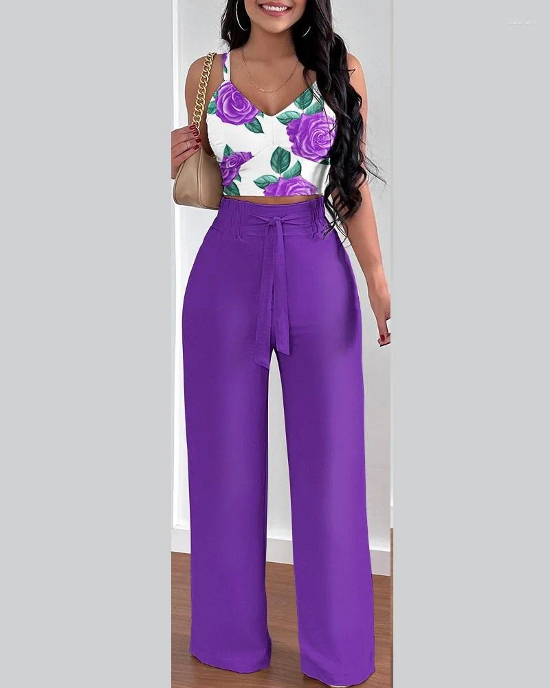 Womens Two Piece Pants 2 Clothes For Women Summer Sexy Sleeveless Polyester Print Top Pant Matching Sets Outfits C