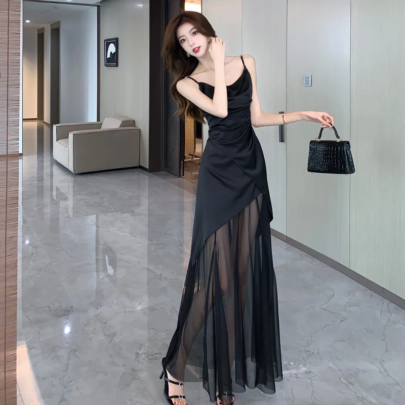 Korean Black Spaghetti Strap Midi Dresses for Women Elegant Party Fashion Sleeveless Patchwork Sexy Slim Female Clothes 241202 - view 4