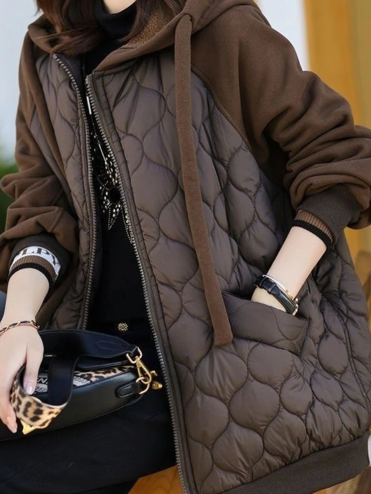 Autumn Korean Hooded Spliced Down Cotton Coat Thick Warm Puffer Jacket Female Loose Padded Overcoat Quilted Parka 241120