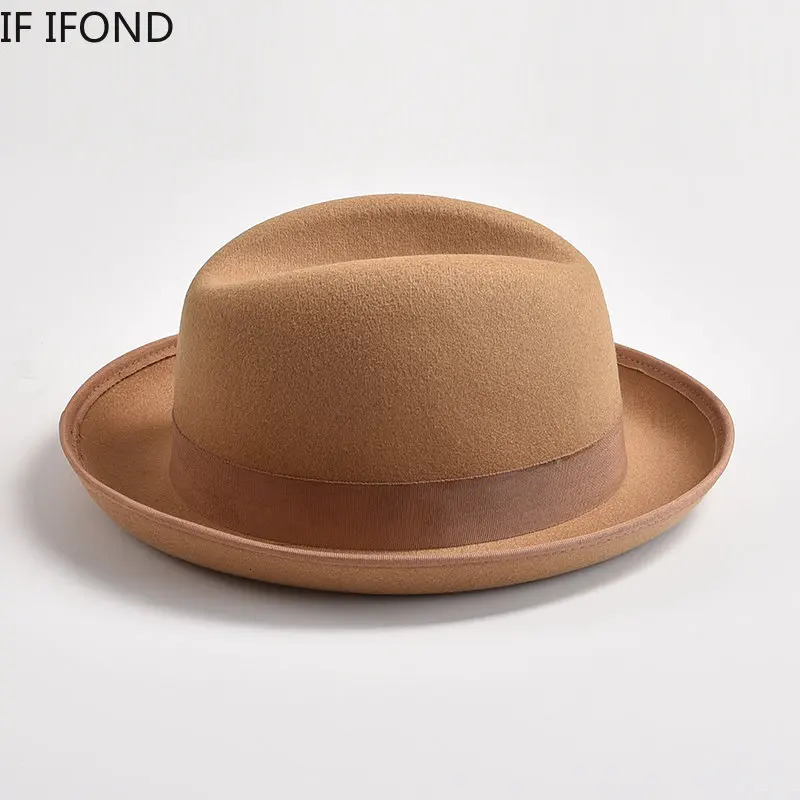 British Style Wool Felt Fedora Hats for Men Roll Up Brim Homburg Gentleman Church Jazz Hat Party Dress Cap 241202