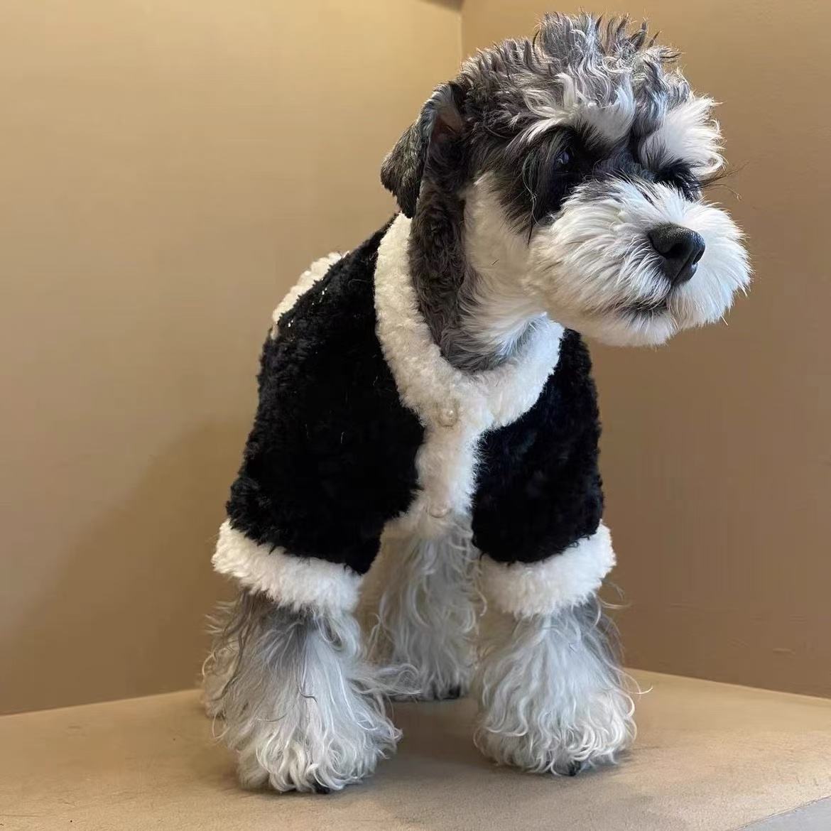 Designer Dog Plush Winter Coat - Luxurious Black & White Pet Outfit for Cold Weather