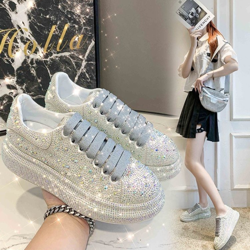 Autumn Spring Women Platform Rhies Thick-Soled White Sier Shoes Shining Crystal Trend Casual Sneakers