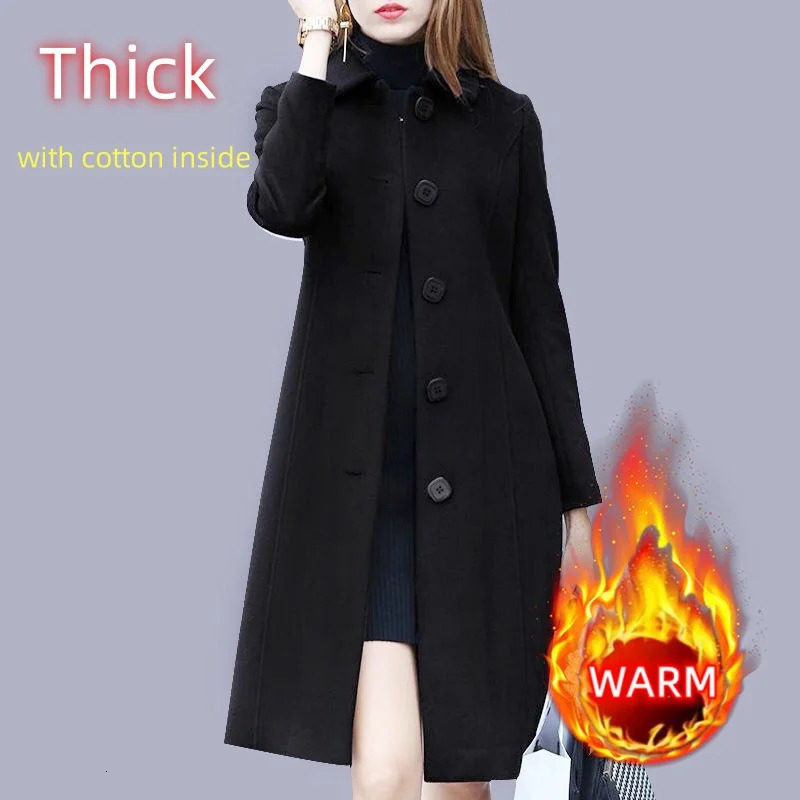 AutumnWinter Elegant Office Lady Thin Thick Woolen Coat Women Chic AllMatch Solid Straight MidLength Windbreaker With Pocket 241121