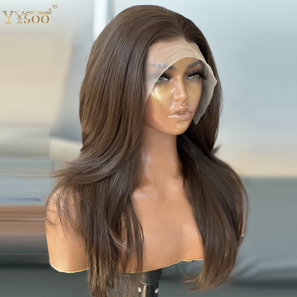 Women's 13X6 Short Brown Futura Synthetic Front Glueless Half Hand Tied Wig Swiss Lace High Temperature Fiber Deep Part