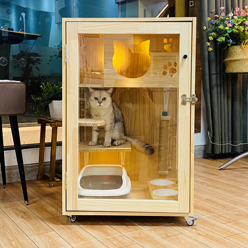 Cat Carriers Modern Solid Wood Villa House Large Free Space Cage Indoor Portable Transparent Supply Bilayer
