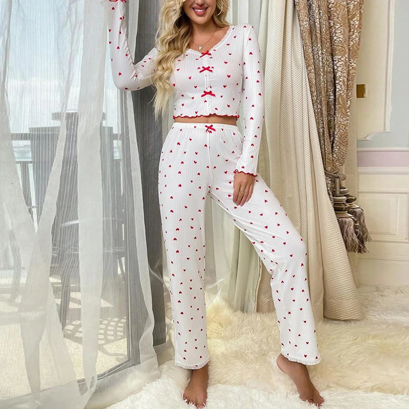 Elegant white ribbon printed pants set sleepwear womens knitted V-neck loose top autumn elastic pants retro sleepwear 241130