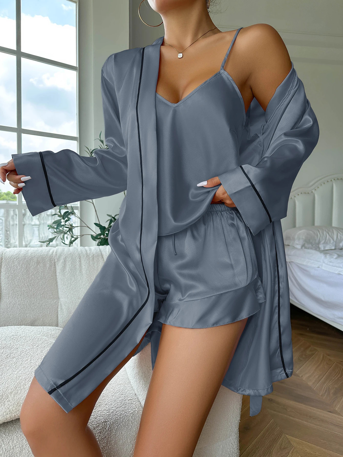 Simple satin pajama set long sleeved belt V-neck Cami top and shorts womens pajamas 241130