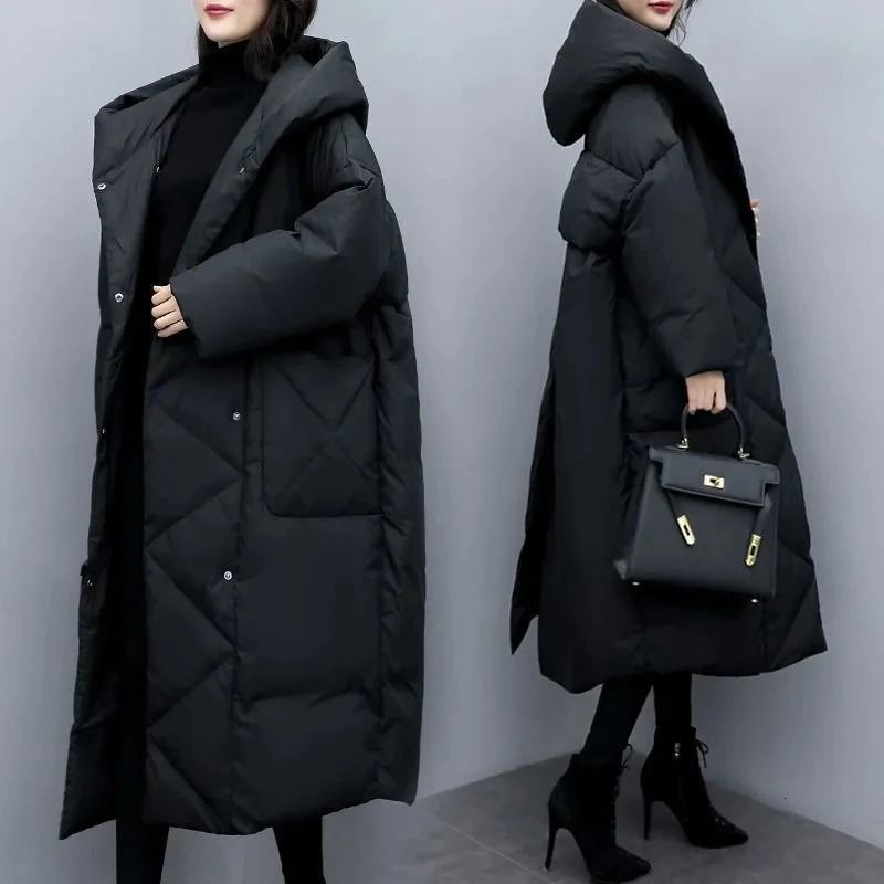 Winter Puffer Jacket Korean Loose Thick Warm Black Hooded Coat Women Down Cotton Parkas Women Long Overcoat Parka Outerwear 241202