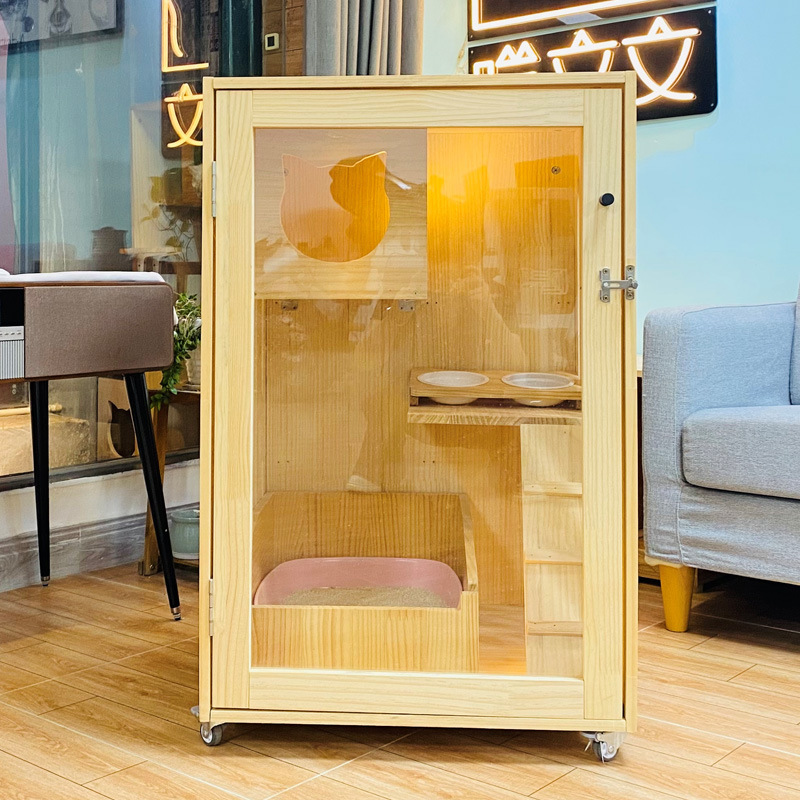 Cat Carriers Modern Solid Wood Villa House Large Free Space Cage Indoor Portable Transparent Supply Bilayer