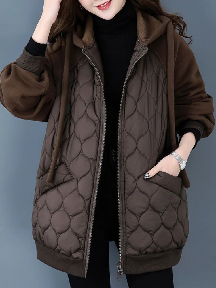 Autumn Korean Hooded Spliced Down Cotton Coat Thick Warm Puffer Jacket Female Loose Padded Overcoat Quilted Parka 241120