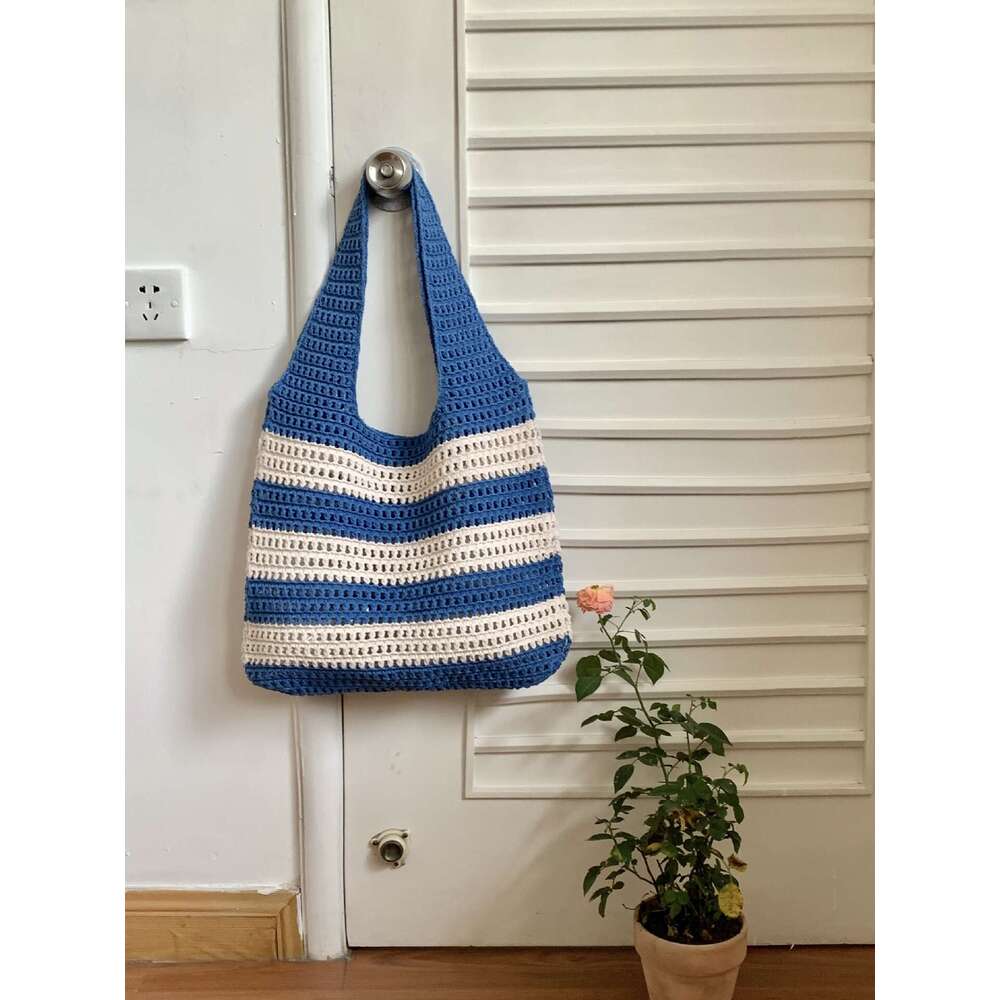 Ladies' Woven With Niche Design, Striped Knitted Bag, Simple Hollow Out Hand-Held Shoulder Bag B2