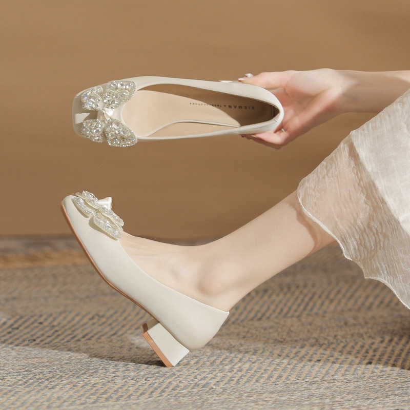 Fairy Bow Water Diamond Premium Comfortable and Versatile Square Head Thick Heel Womens Single Shoe