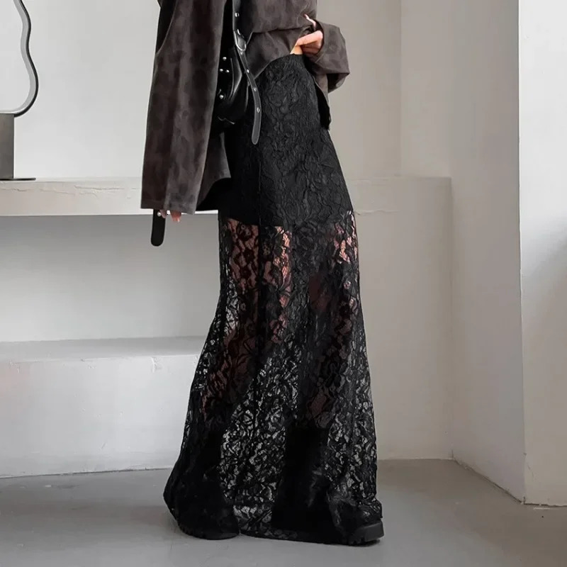 Talenza Black Lace Perspective Skirt Womens Sexy Seam Patchwork Skirt Fashionable Casual Loose High Waist Miao Street Long Dress 241202