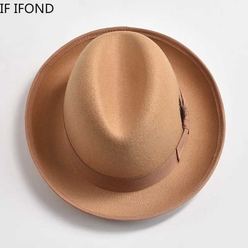 British Style Wool Felt Fedora Hats for Men Roll Up Brim Homburg Gentleman Church Jazz Hat Party Dress Cap 241202