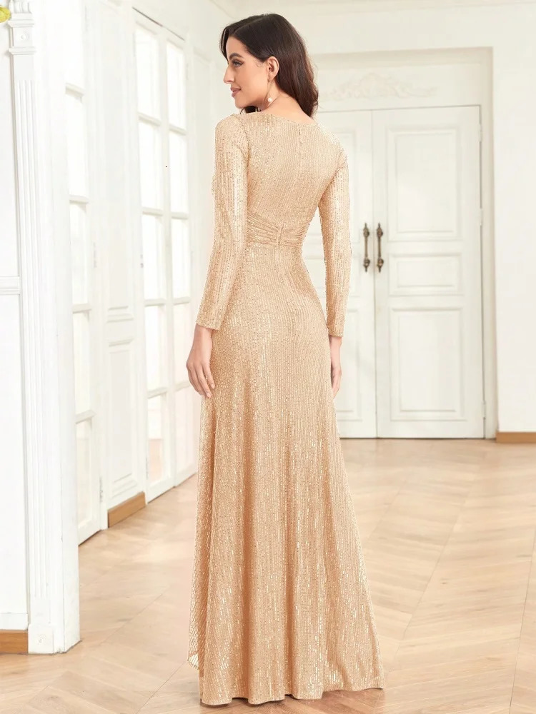 BLUEPLUM Gold Floor Length V-Neck Evening Dress Women Elegant Party Maxi Dress Sequin Long Sleeves Prom Cocktail Dress Go 241202 - view 3