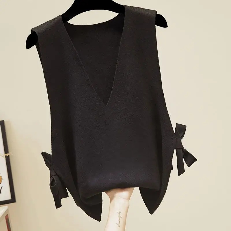 Womens Loose Bow Sweater Vest Spring Autumn Westernstyle Elegant Fashion Slimming Allmatch Knitted Tank Top for Women 241121